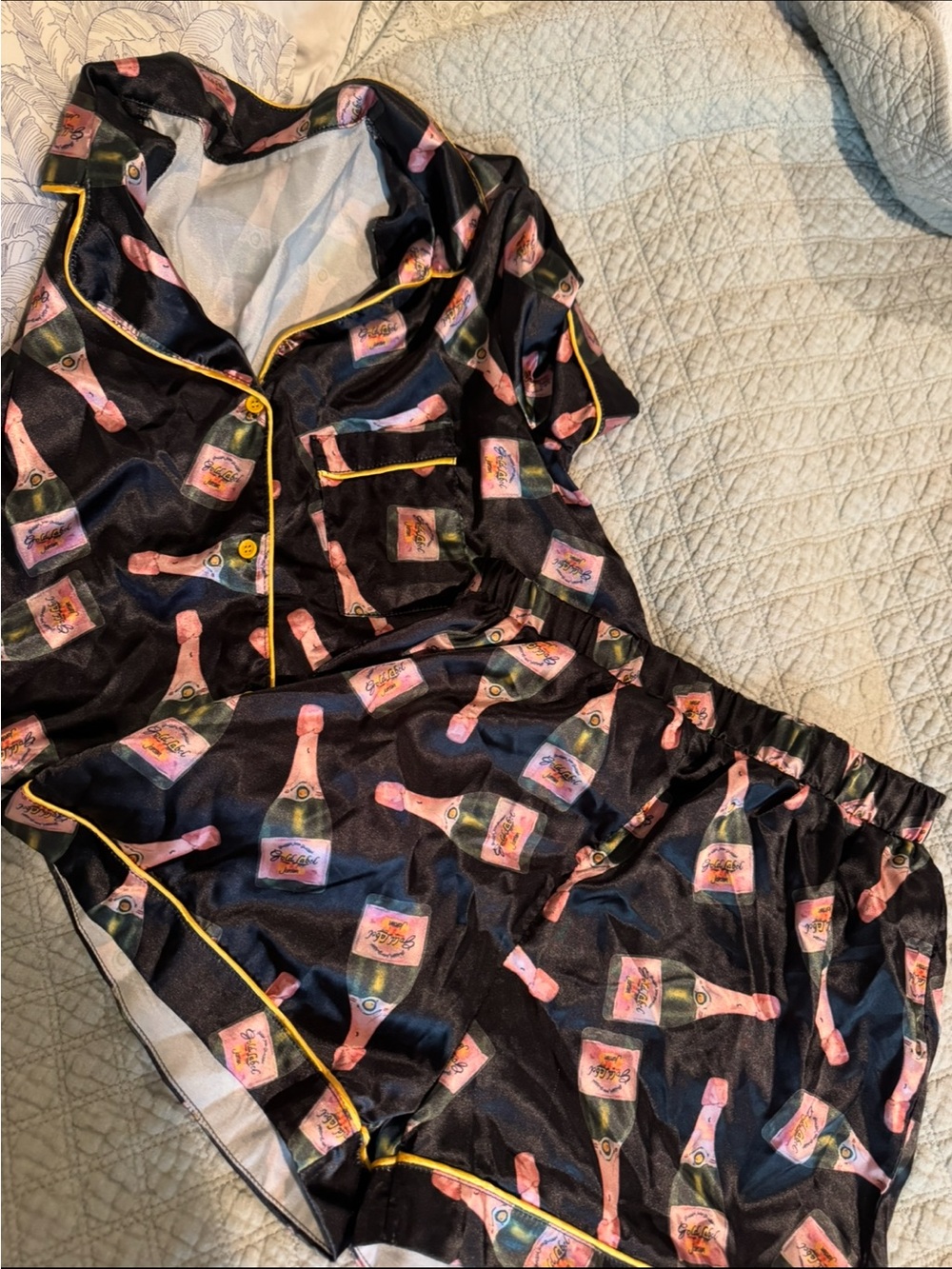 Black Satin Champagne Bottle Pajama Set with Gold Piping